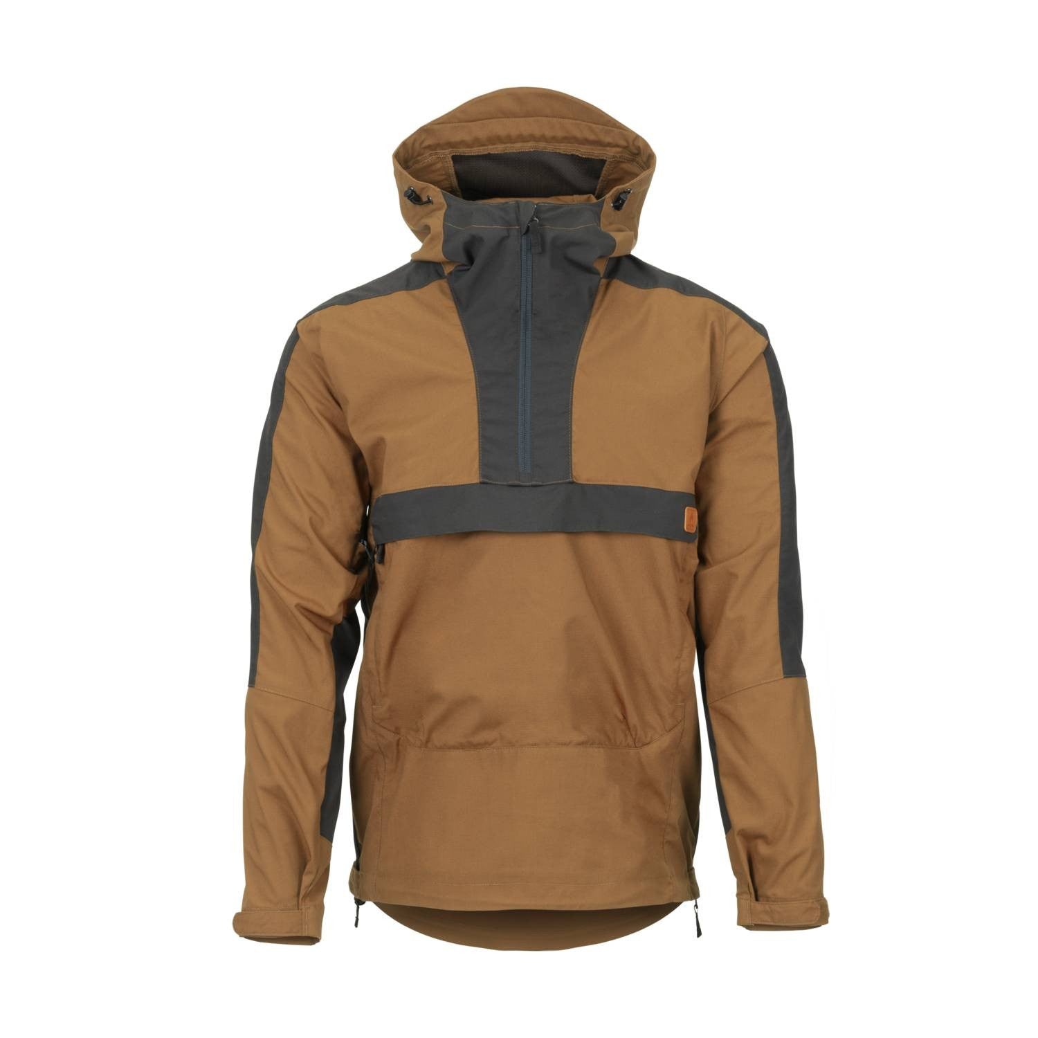Chaqueta cortavientos Woodsman Coyote/Ash Grey vista frontal con capucha, bolsillos y ventilación lateral