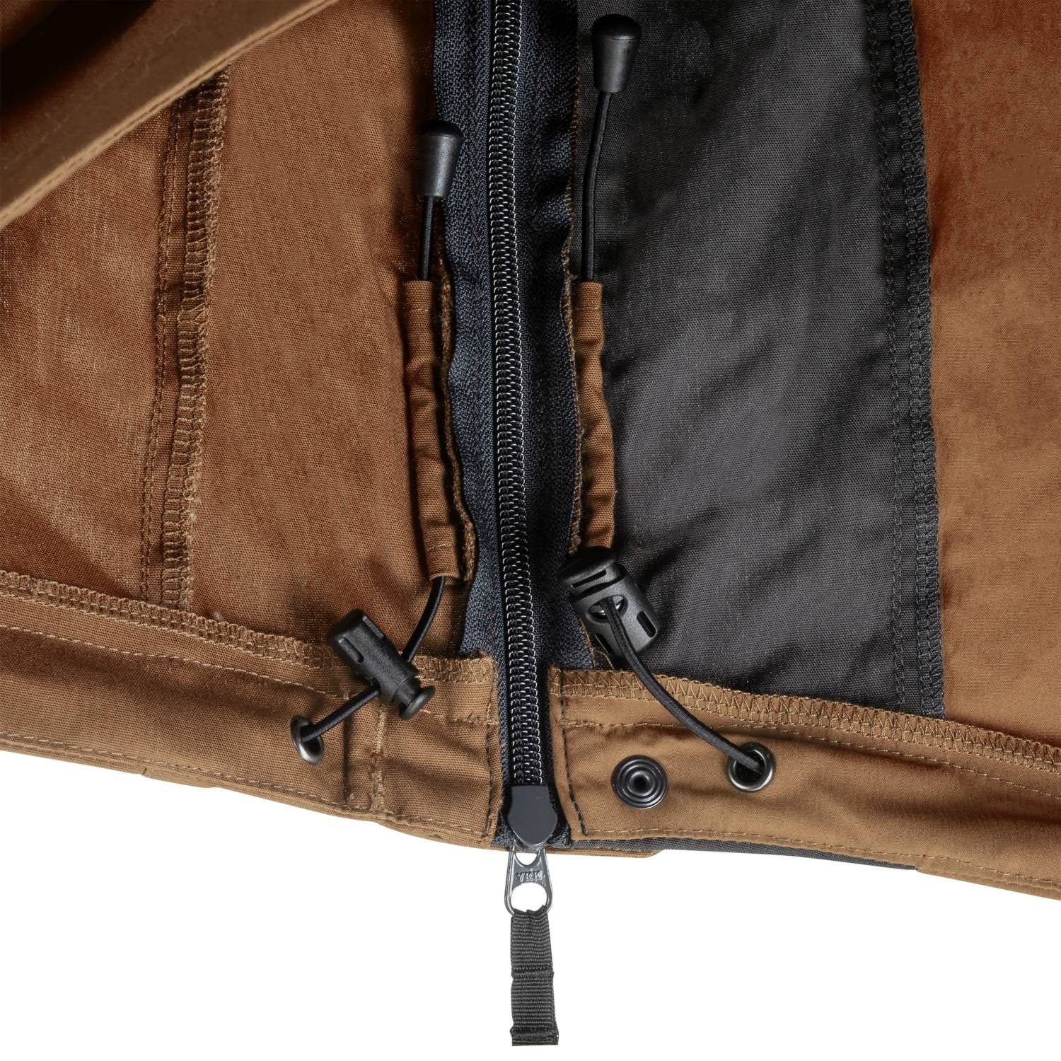 Chaqueta cortavientos Woodsman Coyote/Ash Grey vista frontal con capucha, bolsillos y ventilación lateral