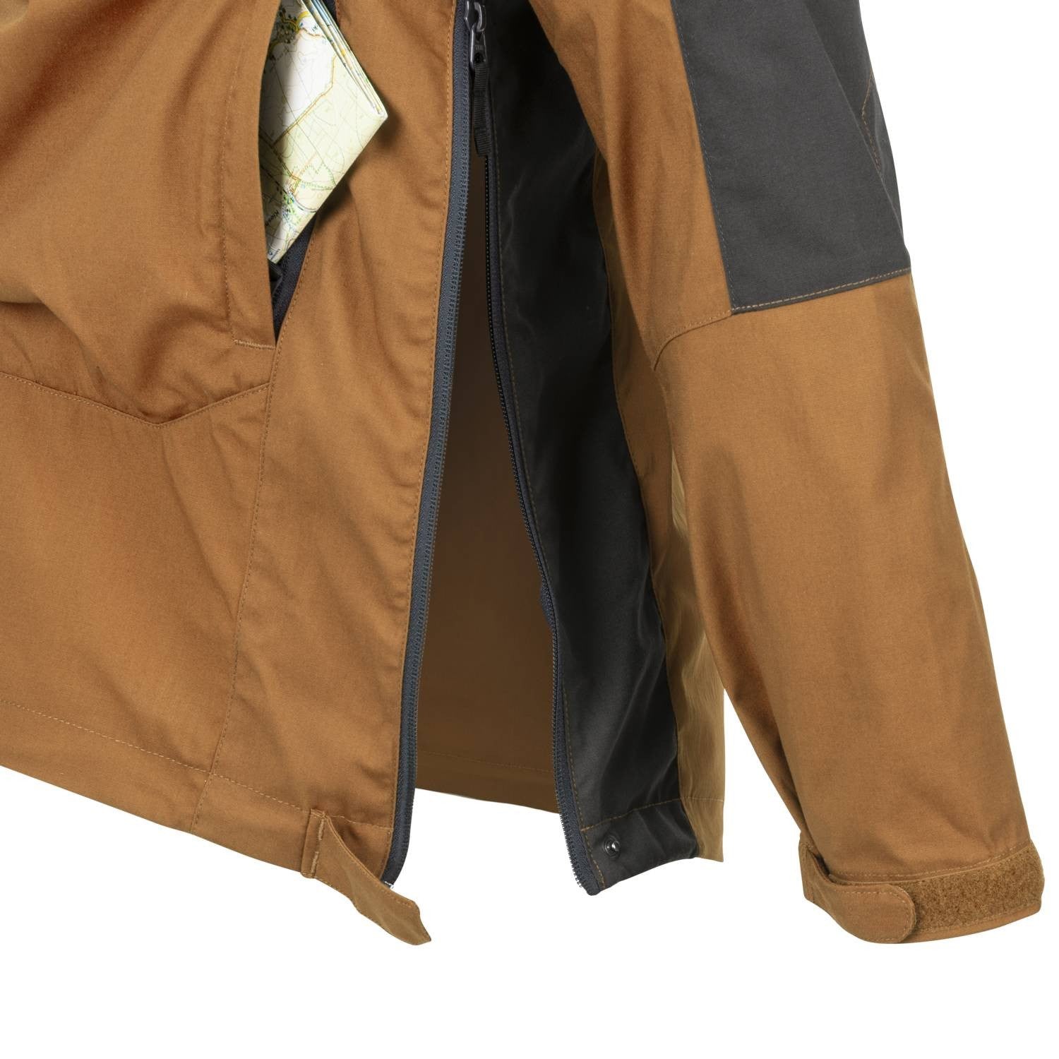 Chaqueta cortavientos Woodsman Coyote/Ash Grey con capucha ajustable y tres bolsillos