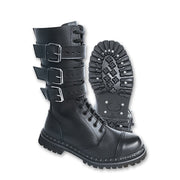 Botas PHANTOM negras de piel con puntera de acero y 3 hebillas