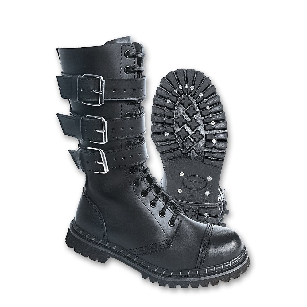 Botas PHANTOM negras de piel con puntera de acero y 3 hebillas