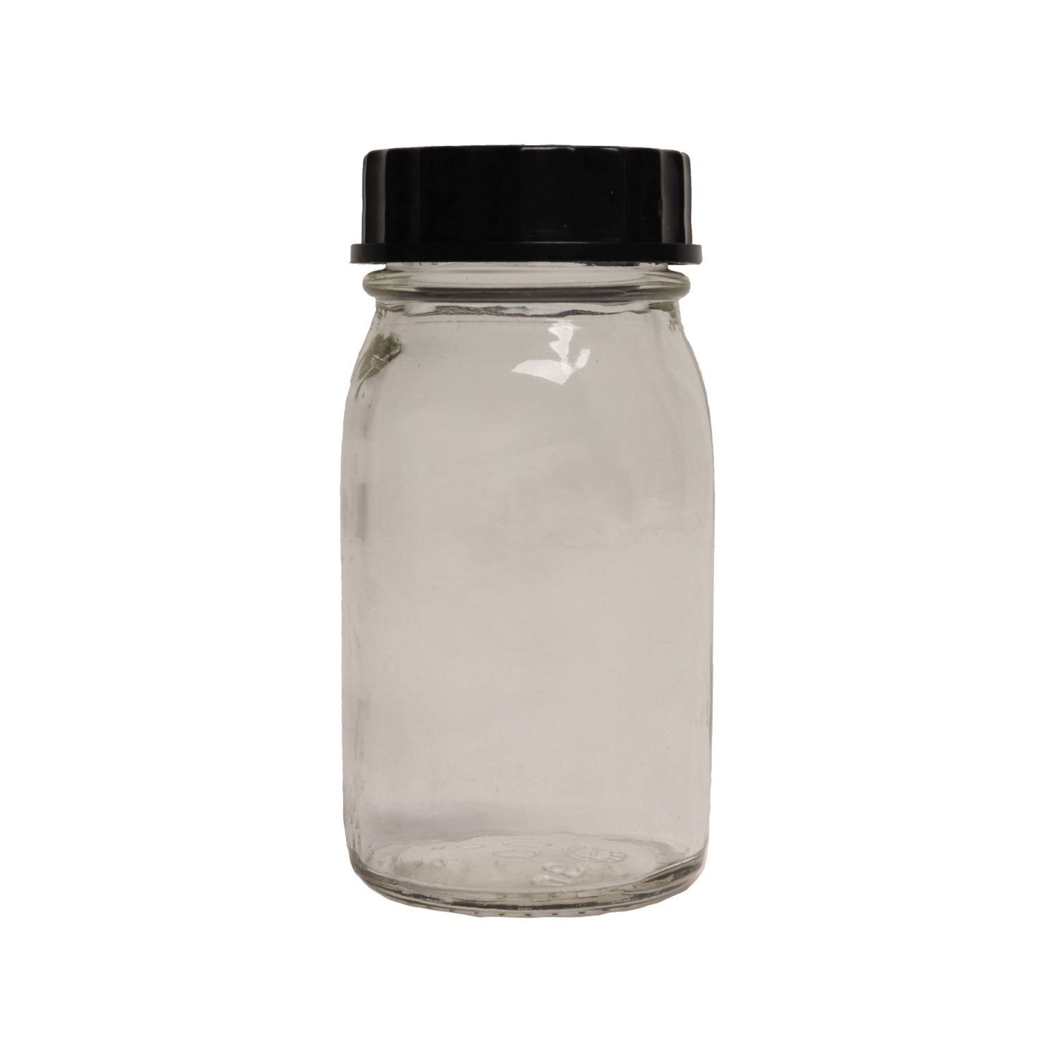 Frasco de vidrio 200 ml de boca ancha con tapa negra de plástico