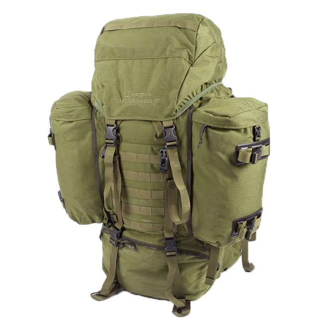 Mochila SMPS Berghaus Crusader RC verde con bolsillo para DragBag Long, vista frontal