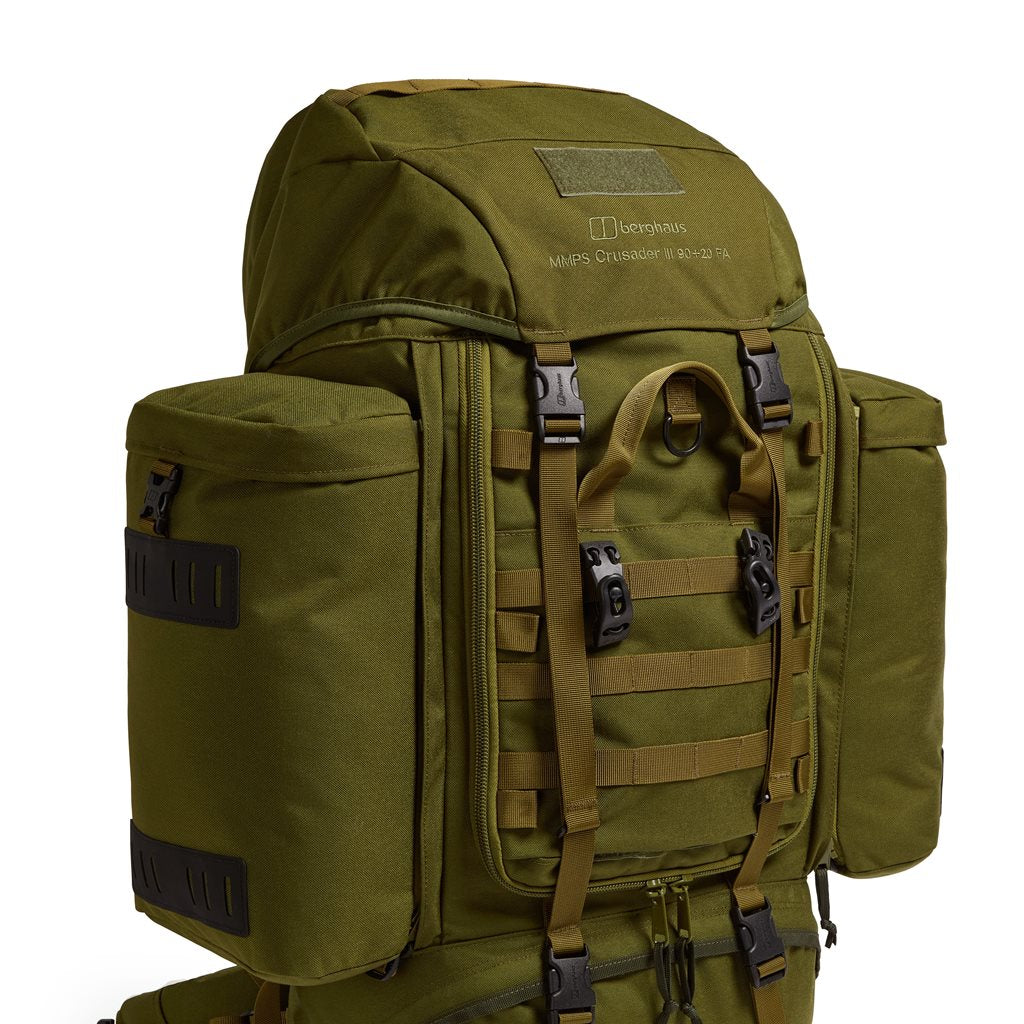 Mochila militar BERGHAUS Crusader III MMPS 90+0 L verde, apertura frontal, extremadamente resistente