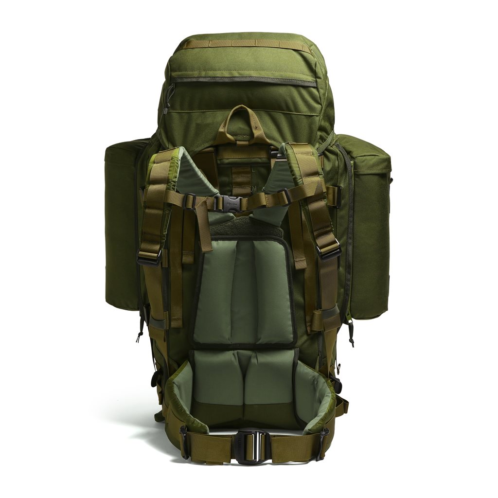 Mochila SMPS Crusader II WS FA 90+20 L verde, vista frontal con funda WS para arma larga