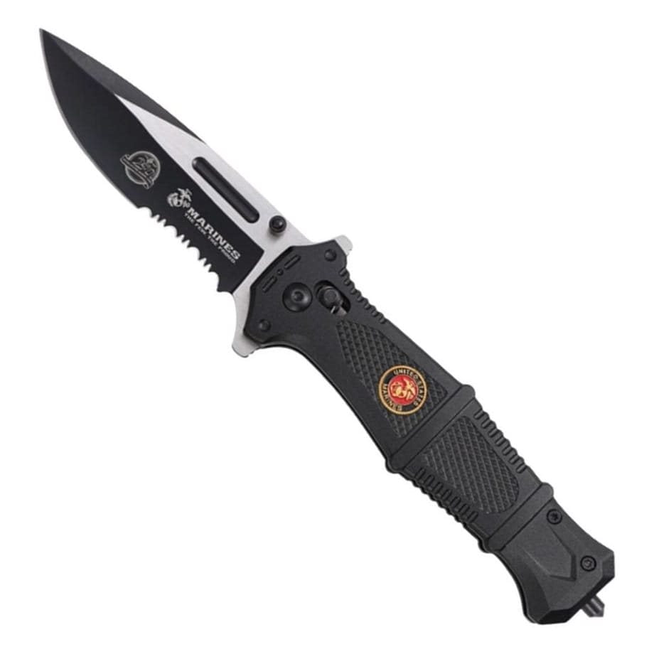 Navaja plegable RAPID USMC negra con filo combinado y logo USMC