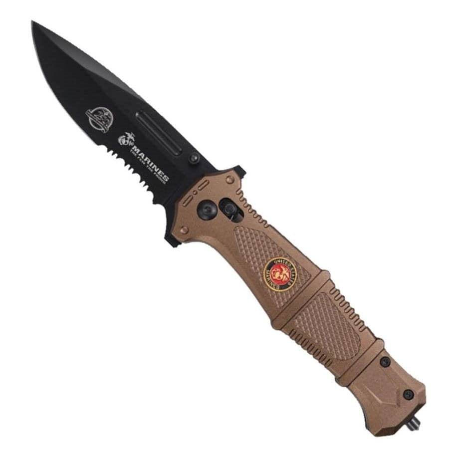 Navaja plegable RAPID USMC negra con filo combinado y logo USMC
