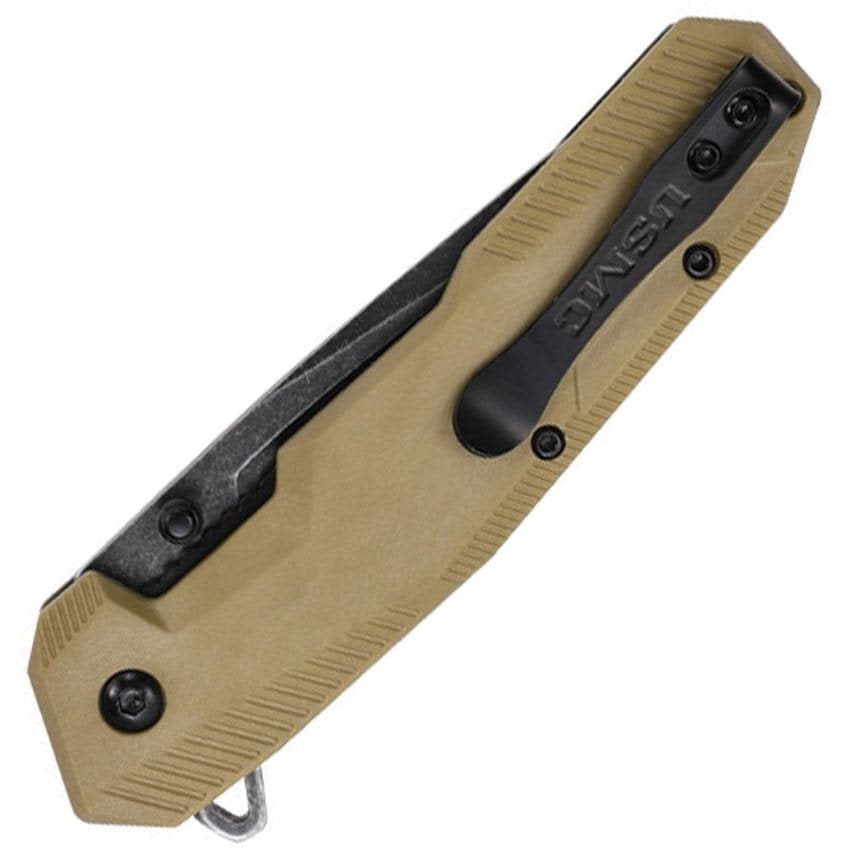 Navaja plegable USMC 3007 TAN con hoja tipo tanto y acabado black stonewash