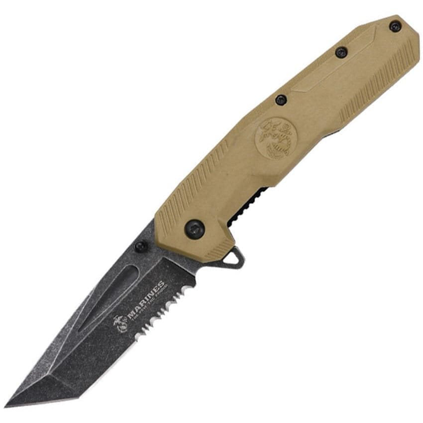 Navaja plegable USMC 3007 TAN con hoja tipo tanto y acabado black stonewash