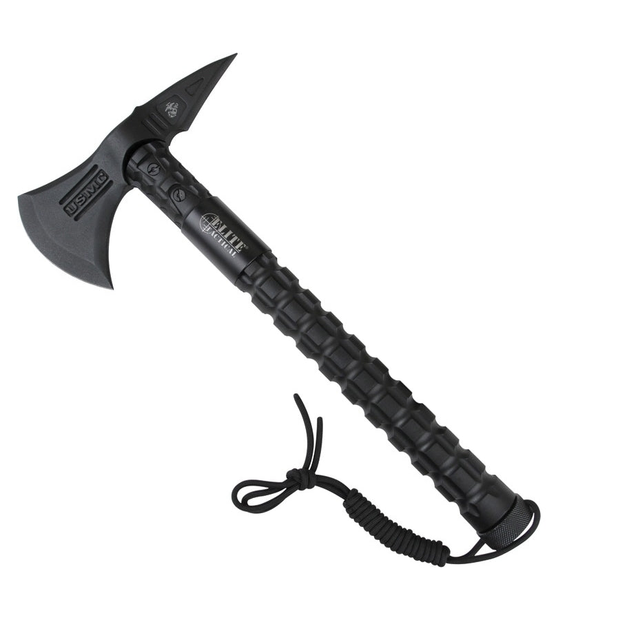 Hacha USMC Elite negra con emblema en hacha y funda, kit de supervivencia en el mango, cuerda en el extremo, 37 cm
