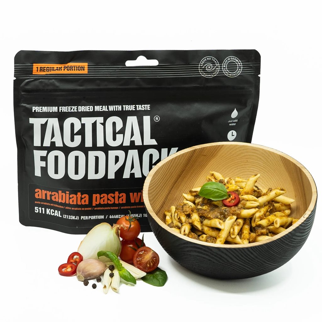 Pasta Arrabiata liofilizada con pollo TACTICAL FOODPACK, comida compacta y energética