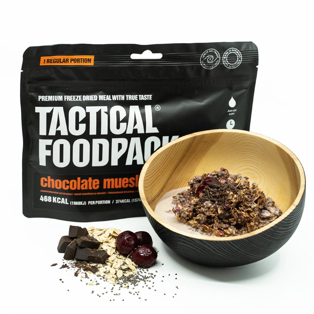 Muesli liofilizado con chocolate y cerezas, envase TACTICAL FOODPACK