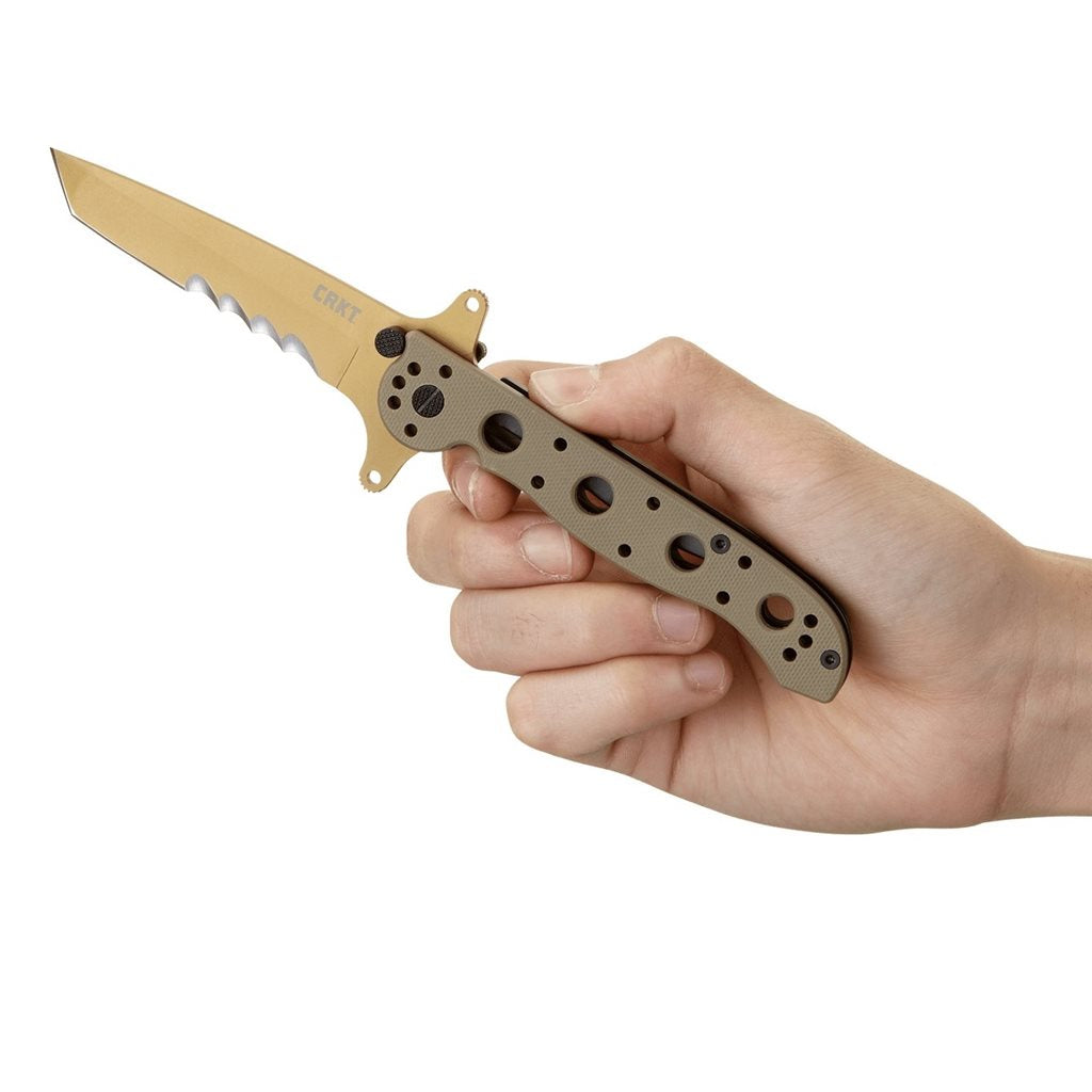 Cuchillo plegable CRKT M16 Special Forces Desert con filo combinado y empuñadura G10