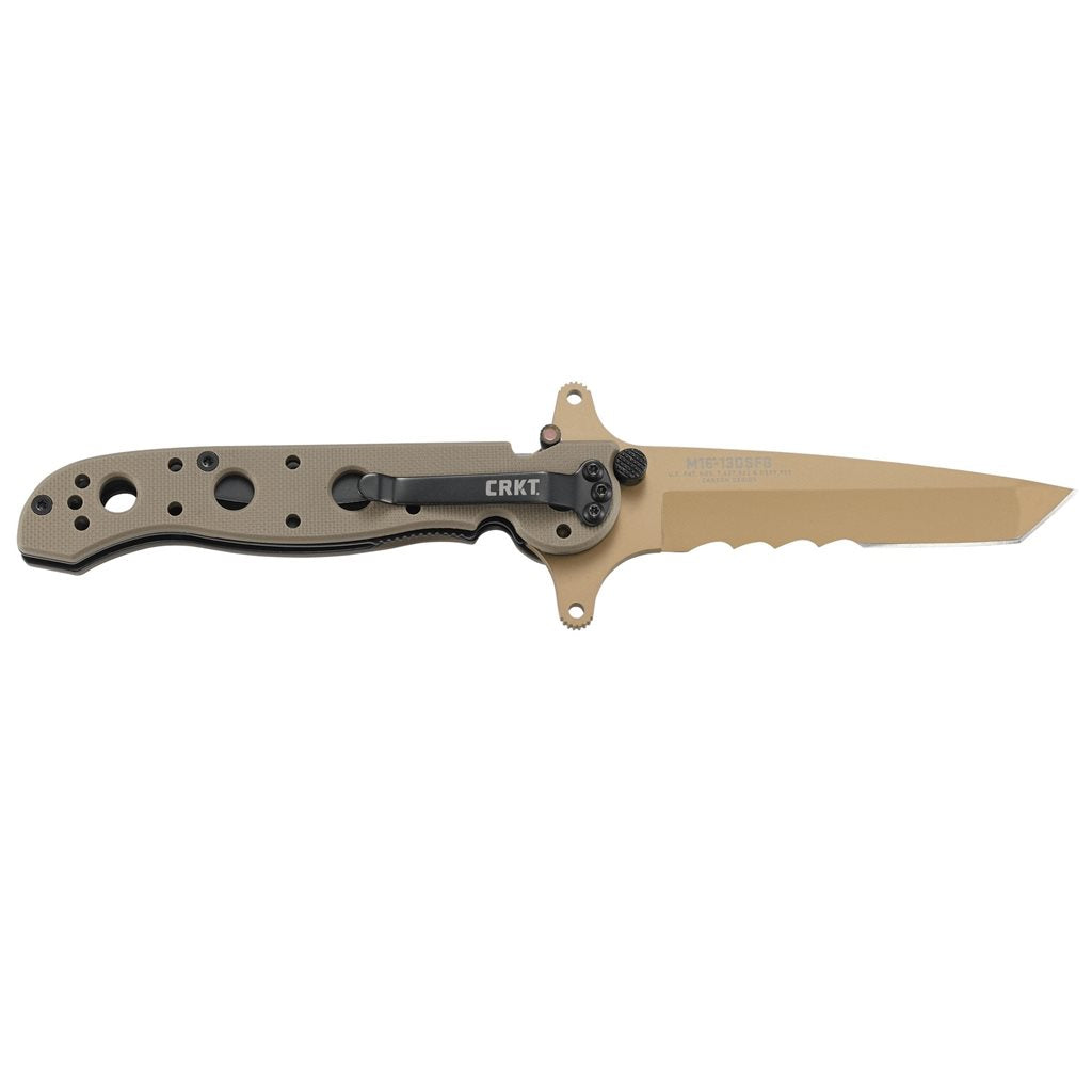 Cuchillo plegable CRKT M16 Special Forces Desert con filo combinado y empuñadura G10