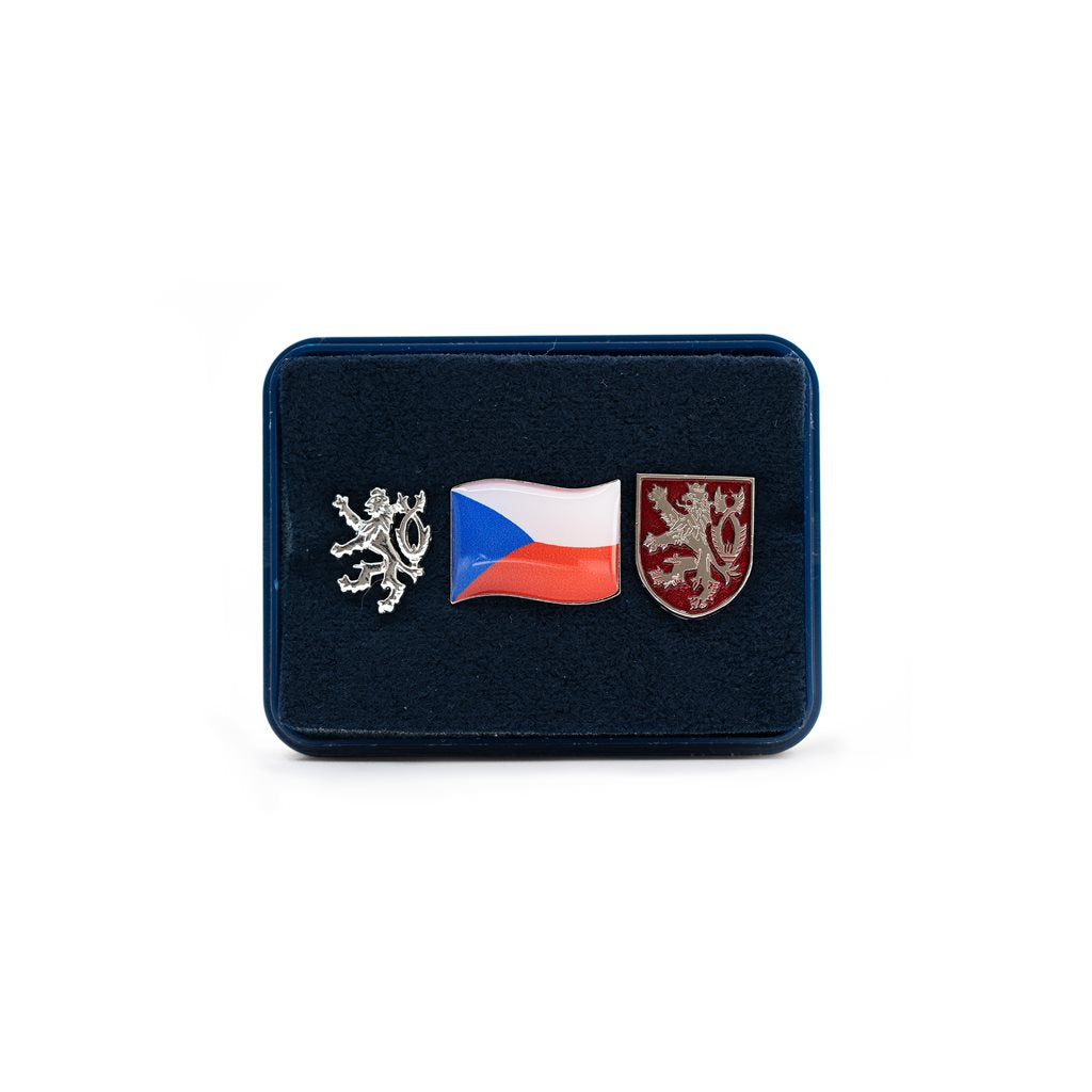 Set de pins República Checa: bandera, león checo y pequeño escudo estatal en pin, presentado en caja de regalo