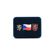 Set de pins República Checa: bandera, león checo y pequeño escudo estatal en pin, presentado en caja de regalo