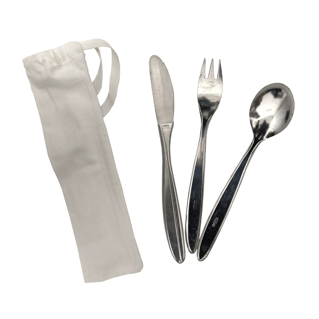 Set de cubiertos de aluminio RETRO MIKOV con funda de tela blanca