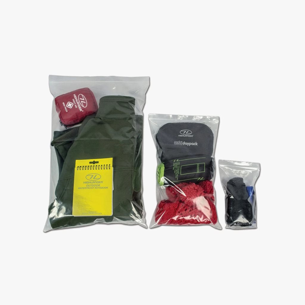 Set de 9 bolsas de plástico con cierre (3x25x15, 3x40x25, 3x55x35 cm)