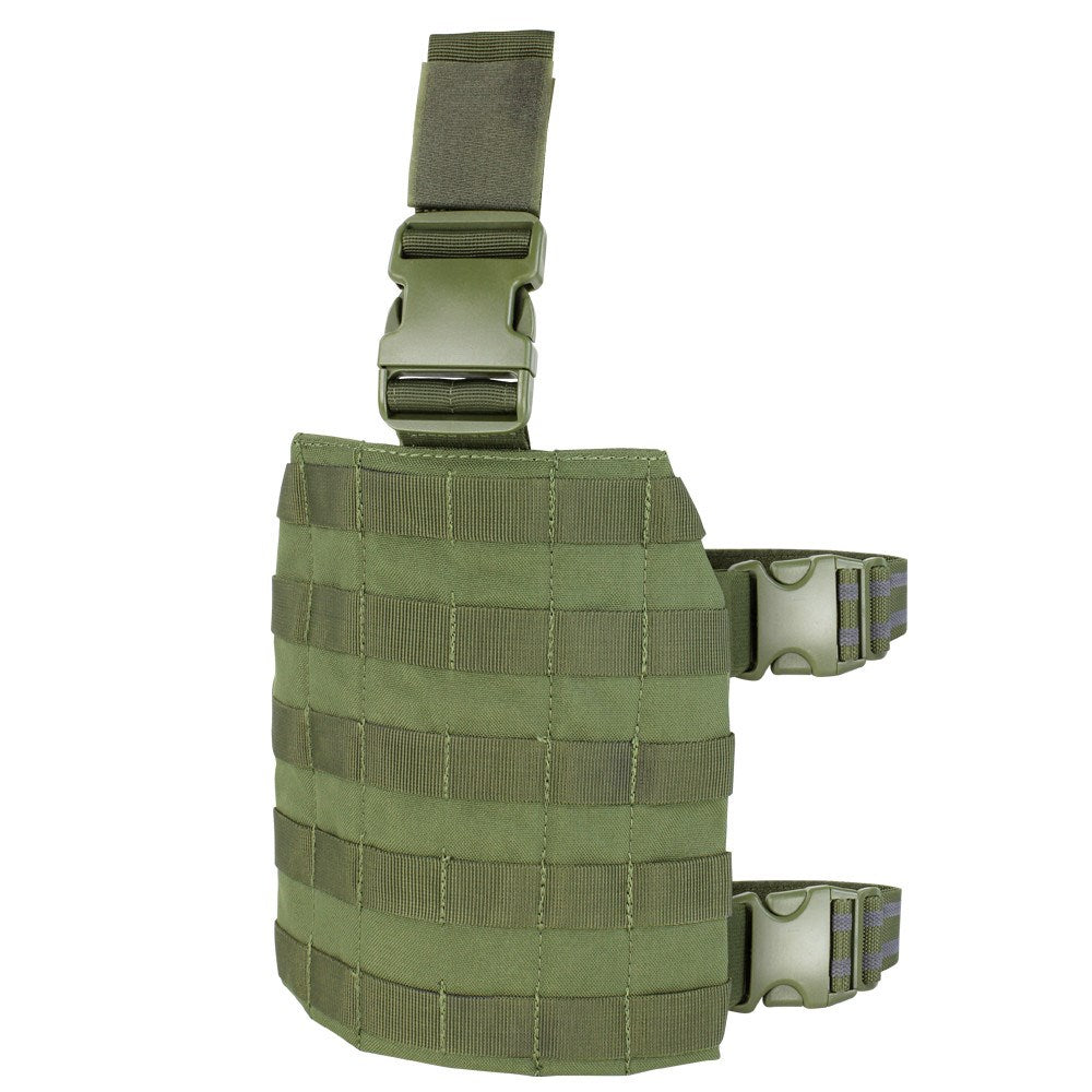 Panel de muslo MOLLE Drop-Leg verde mostrando sistema de sujeción con hebilla fastex
