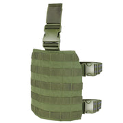 Panel de muslo MOLLE Drop-Leg verde mostrando sistema de sujeción con hebilla fastex