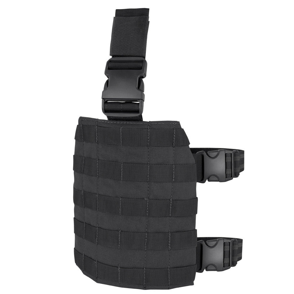 Panel de muslo MOLLE Drop-Leg verde mostrando sistema de sujeción con hebilla fastex