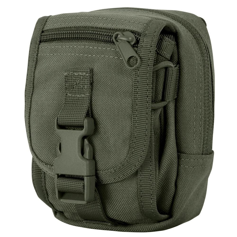 Funda MOLLE utilitaria pequeña verde vista frontal con cierre de cremallera y correa de compresión