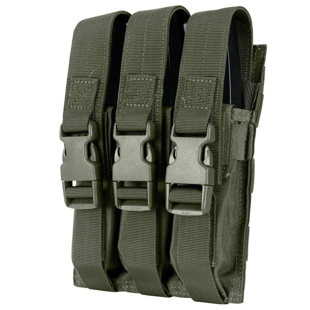 Funda MOLLE triple para cargadores MP5 en Cordura 1000D, vista frontal con cierre VELCRO y hebilla FASTEX