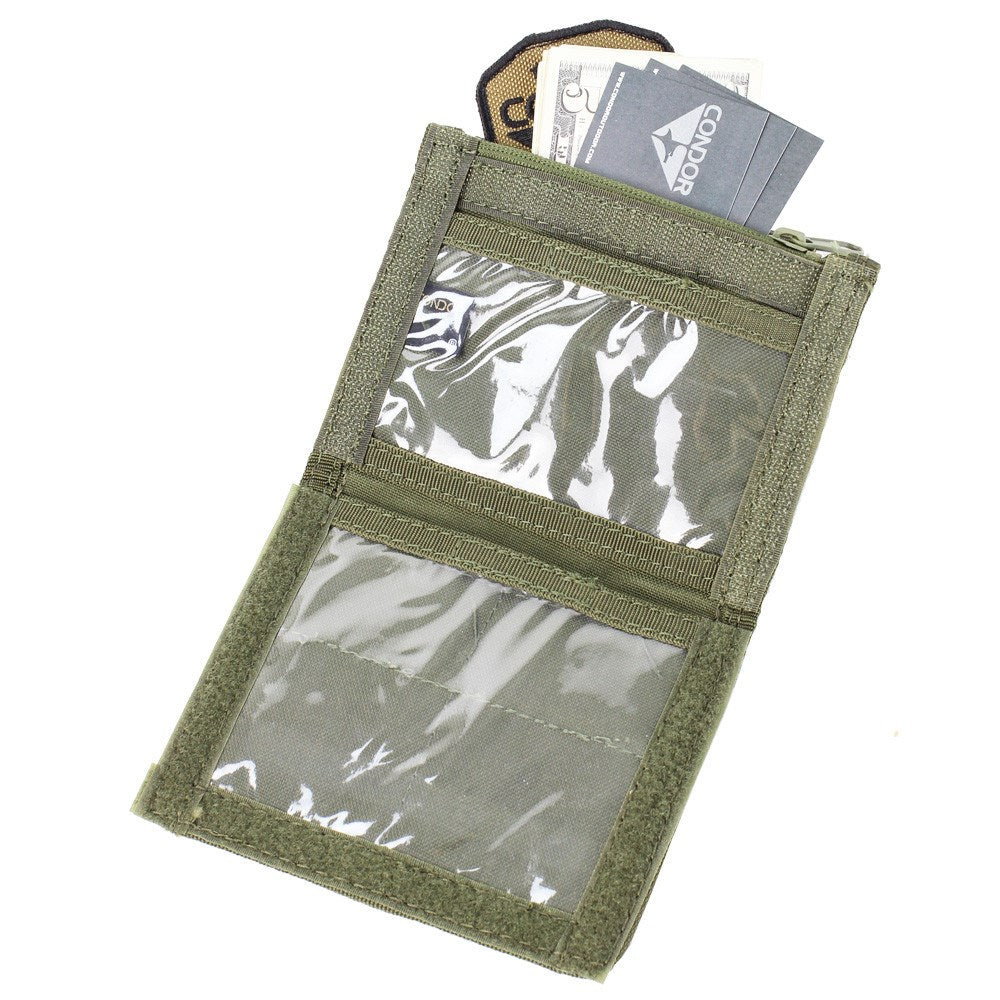 Funda MOLLE para documentos verde abierta, con dos ventanas transparentes 11 x 8,5 cm y correas para anclaje MOLLE