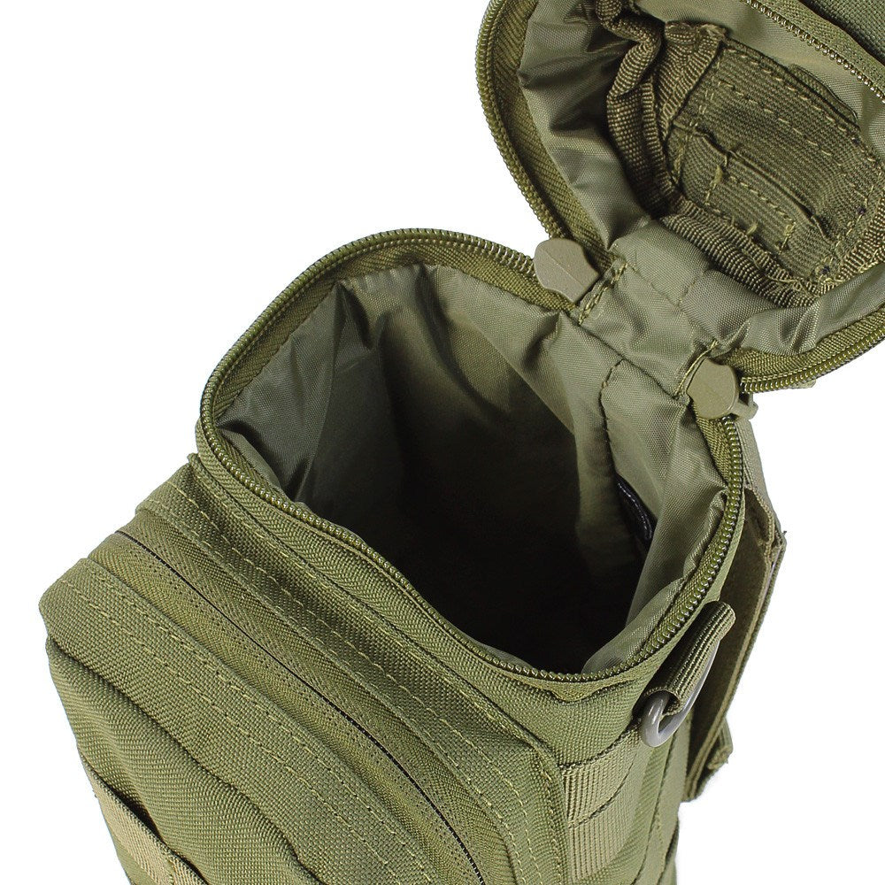 Funda MOLLE H2O para botella verde Condor, vista frontal con bolsillo y correas modulares