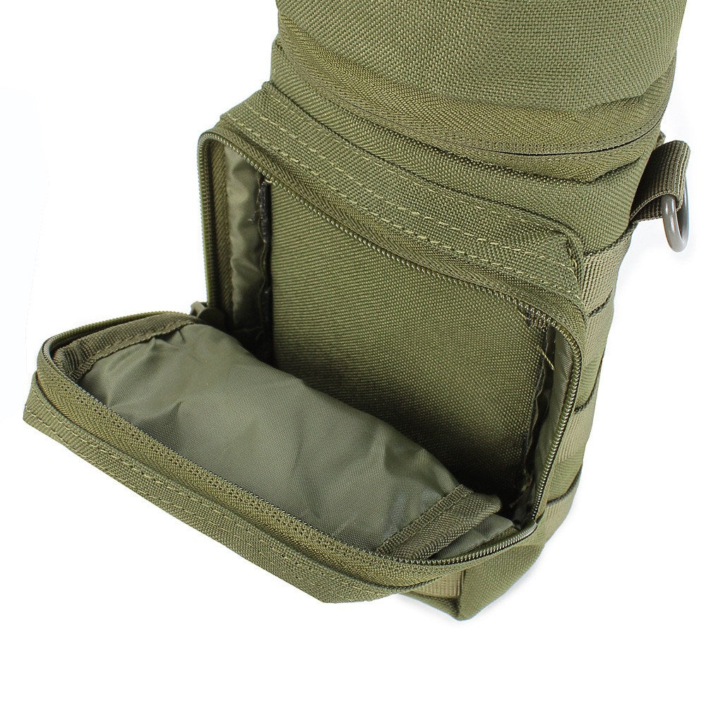 Funda MOLLE H2O para botella verde Condor, vista frontal con bolsillo y correas modulares