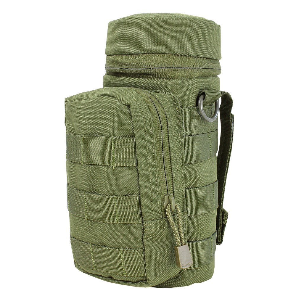 Funda MOLLE H2O para botella verde Condor, vista frontal con bolsillo y correas modulares