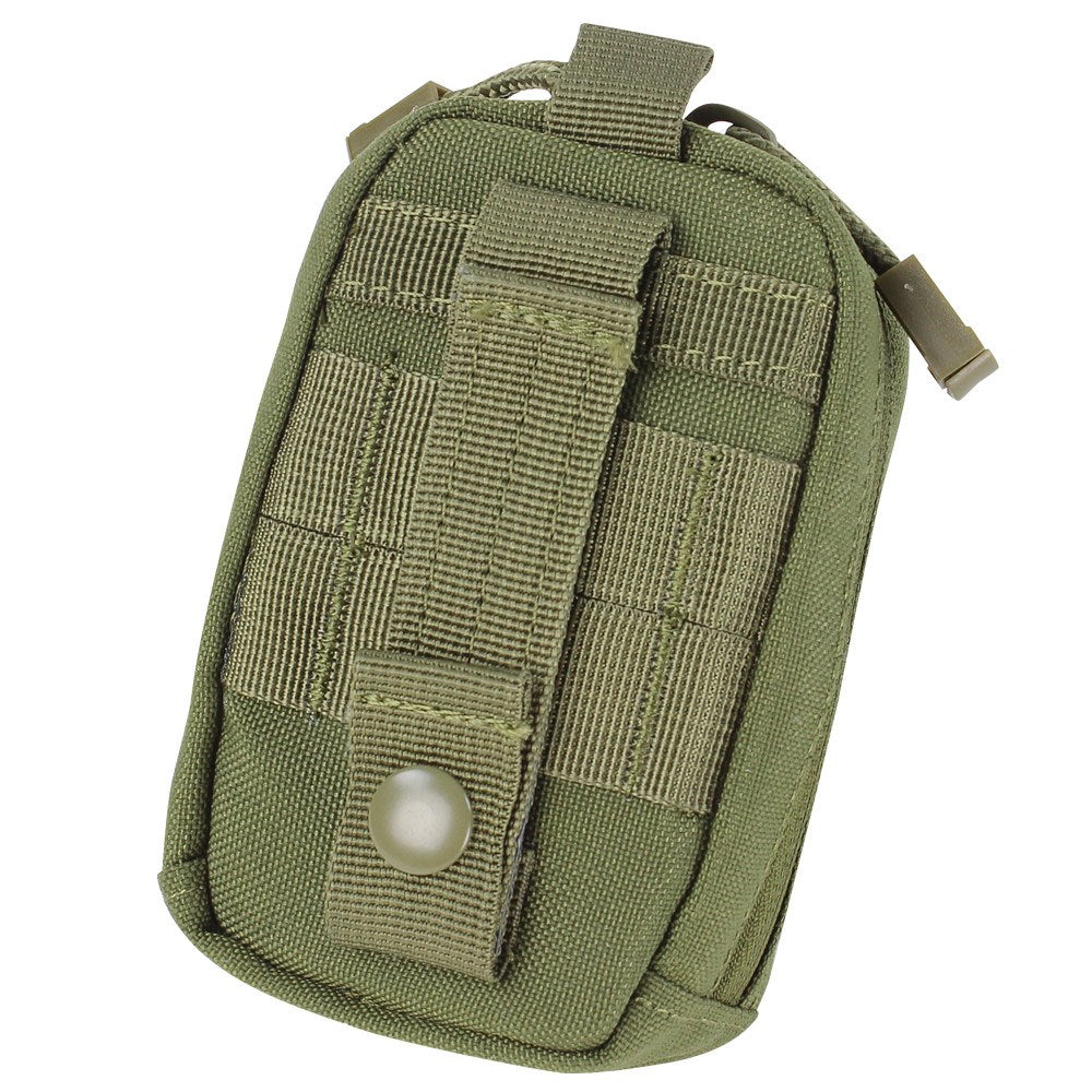 Funda MOLLE para cámara verde con dos bolsillos, cierre velcro y bolsillo trasero con cremallera