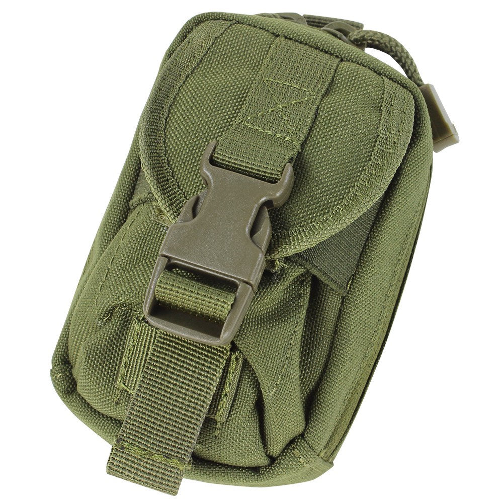 Funda MOLLE para cámara verde con dos bolsillos, cierre velcro y bolsillo trasero con cremallera