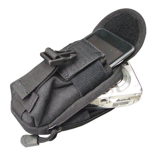 Funda MOLLE para cámara verde con dos bolsillos, cierre velcro y bolsillo trasero con cremallera