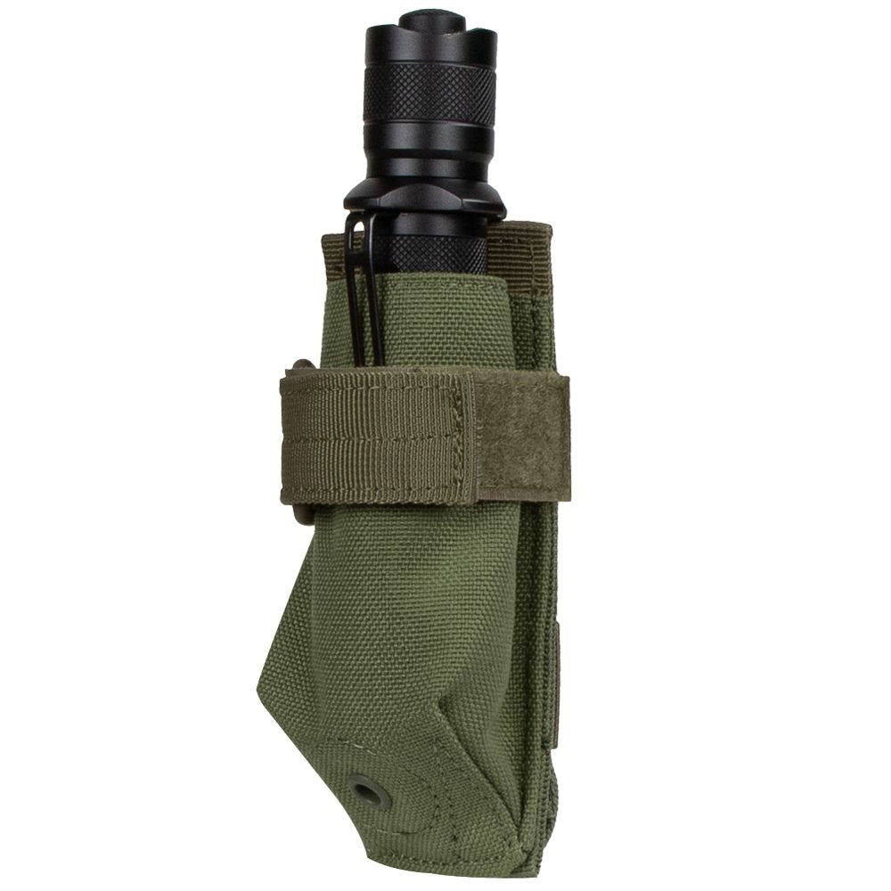 Funda MOLLE para linterna, abertura inferior con tela azul, cierre de velcro, profundidad aprox. 10 cm