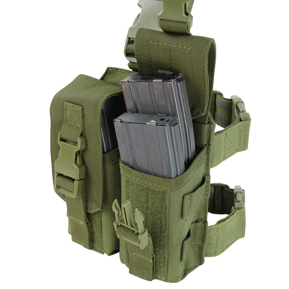 Bolsa portacargadores 2xM4 Drop Leg verde con correas de muslo ajustables y hebilla de cierre rápido