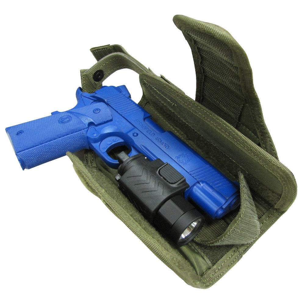 Funda pistola HT horizontal verde montada en sistema MOLLE