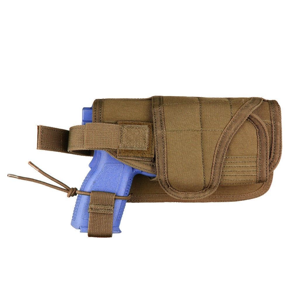 Funda pistola HT horizontal verde montada en sistema MOLLE, dimensiones 10 x 19 x 4 cm