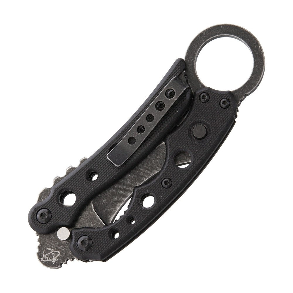 Cuchillo balisong Karambit Vuja DE negro, hoja 5,1 cm, mango G-10 y clip de bolsillo
