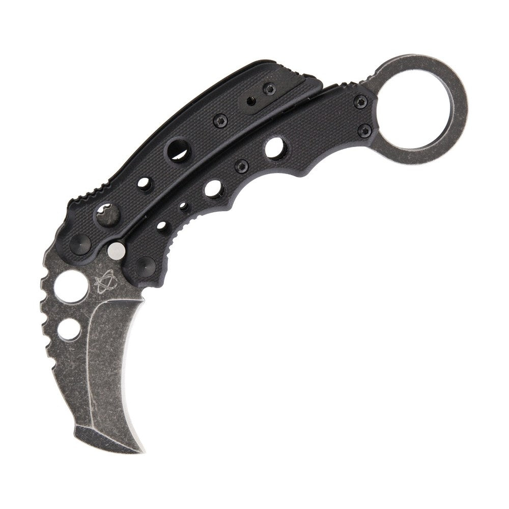 Cuchillo balisong Karambit Vuja DE negro, hoja 5,1 cm, mango G-10 y clip de bolsillo