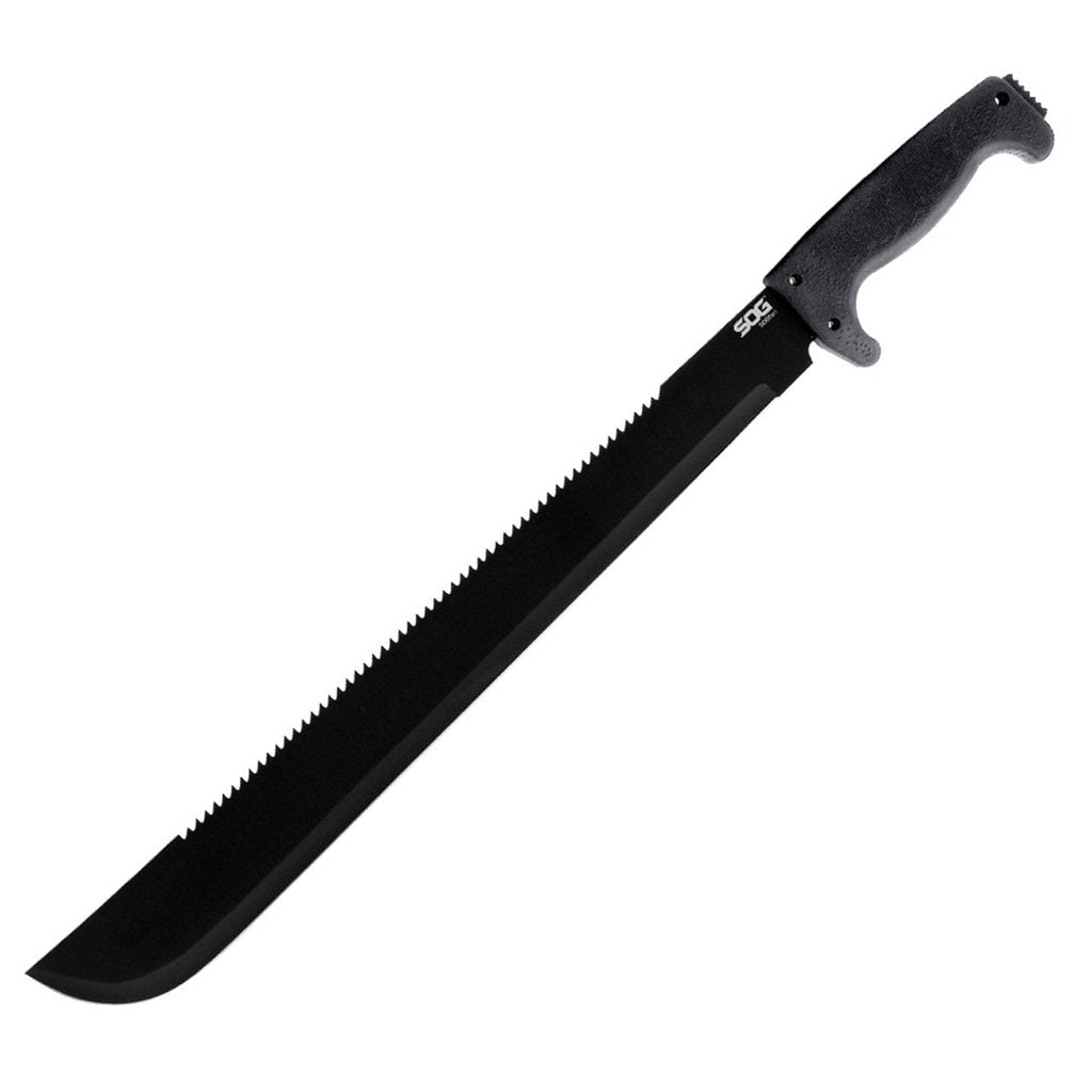 Machete SOGfari 18" (45,7 cm), hoja negra 3Cr13 con sierra en el lomo y funda