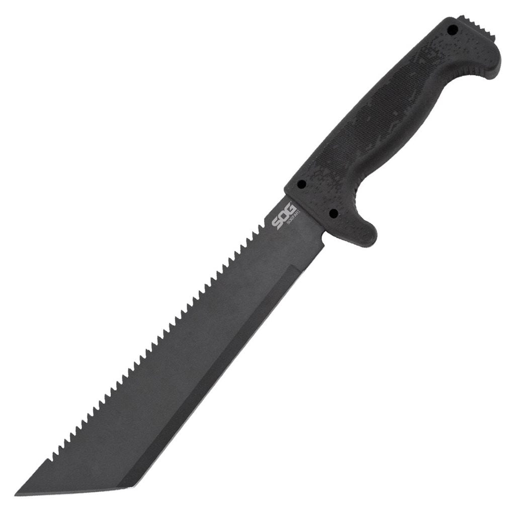 Machete SOGfari Tanto 25,4 cm, hoja lisa ennegrecida 3Cr13, mango Kraton y funda