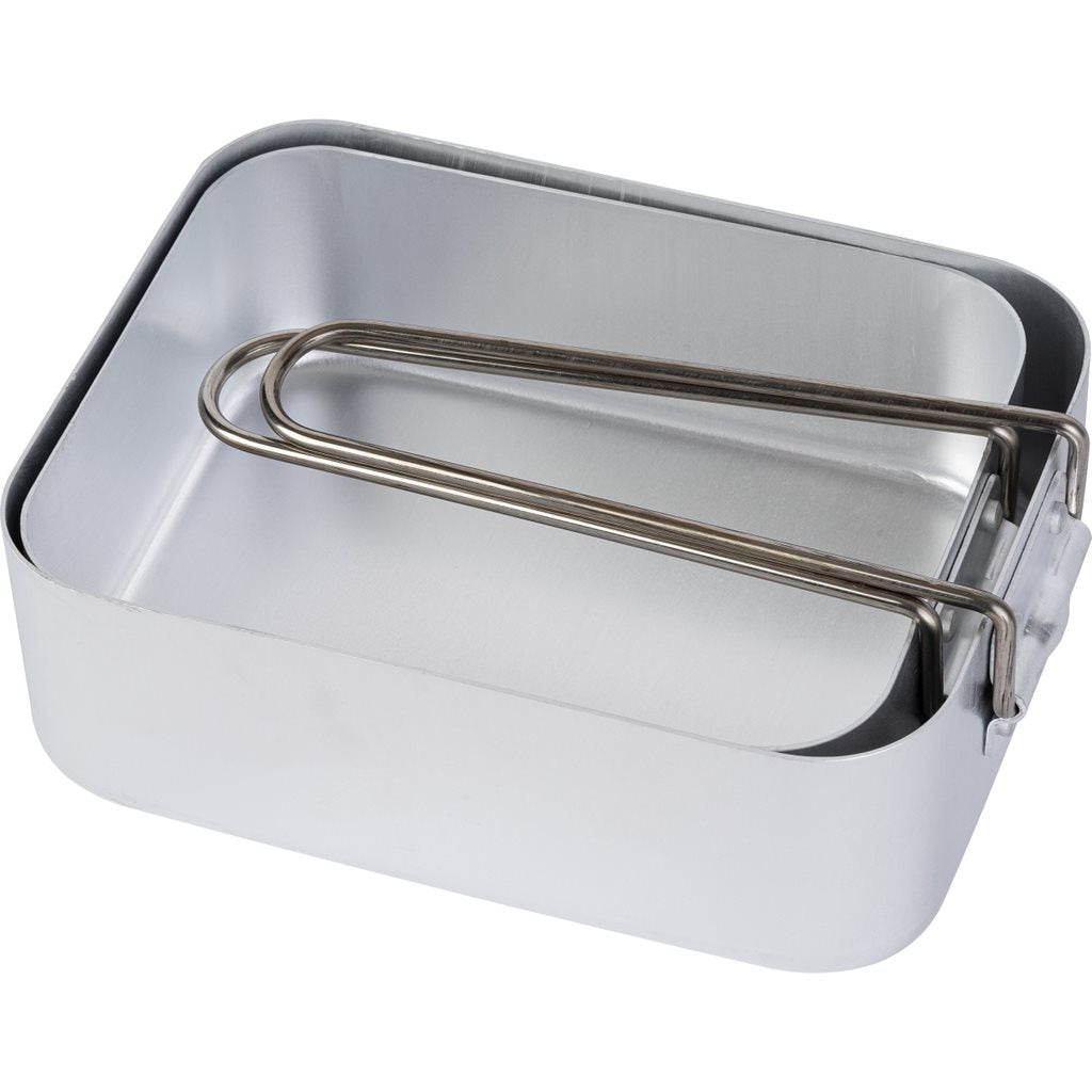 Juego de cocina de campaña MESS de aluminio para 1 persona, dos piezas con asas abatibles