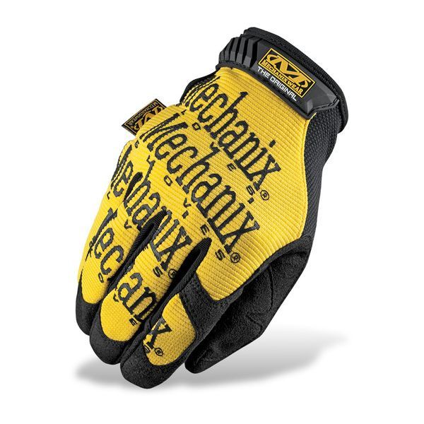 Guantes Mechanix Original amarillos mostrando palma en Clarino y parte superior en Spandex