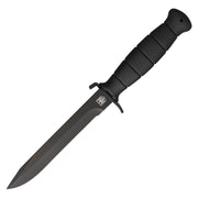 Cuchillo fijo FIGHTER negro con hoja lisa y funda plástica; detalle de águila en la hoja