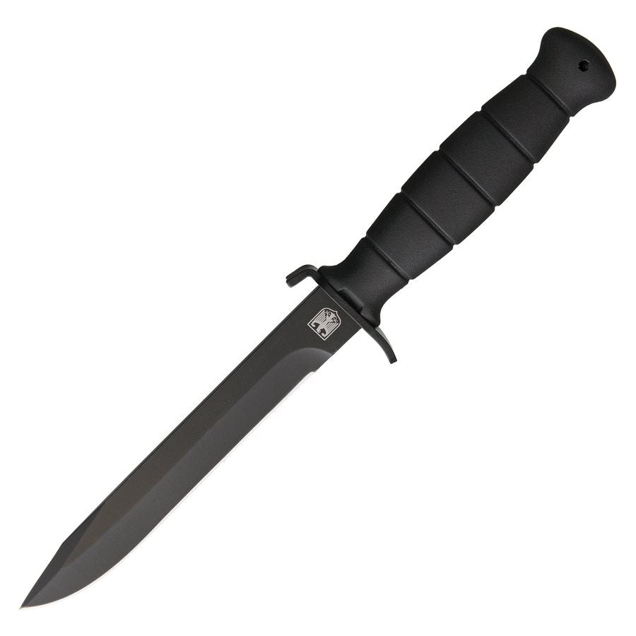 Cuchillo fijo FIGHTER negro con hoja lisa y funda plástica; detalle de águila en la hoja