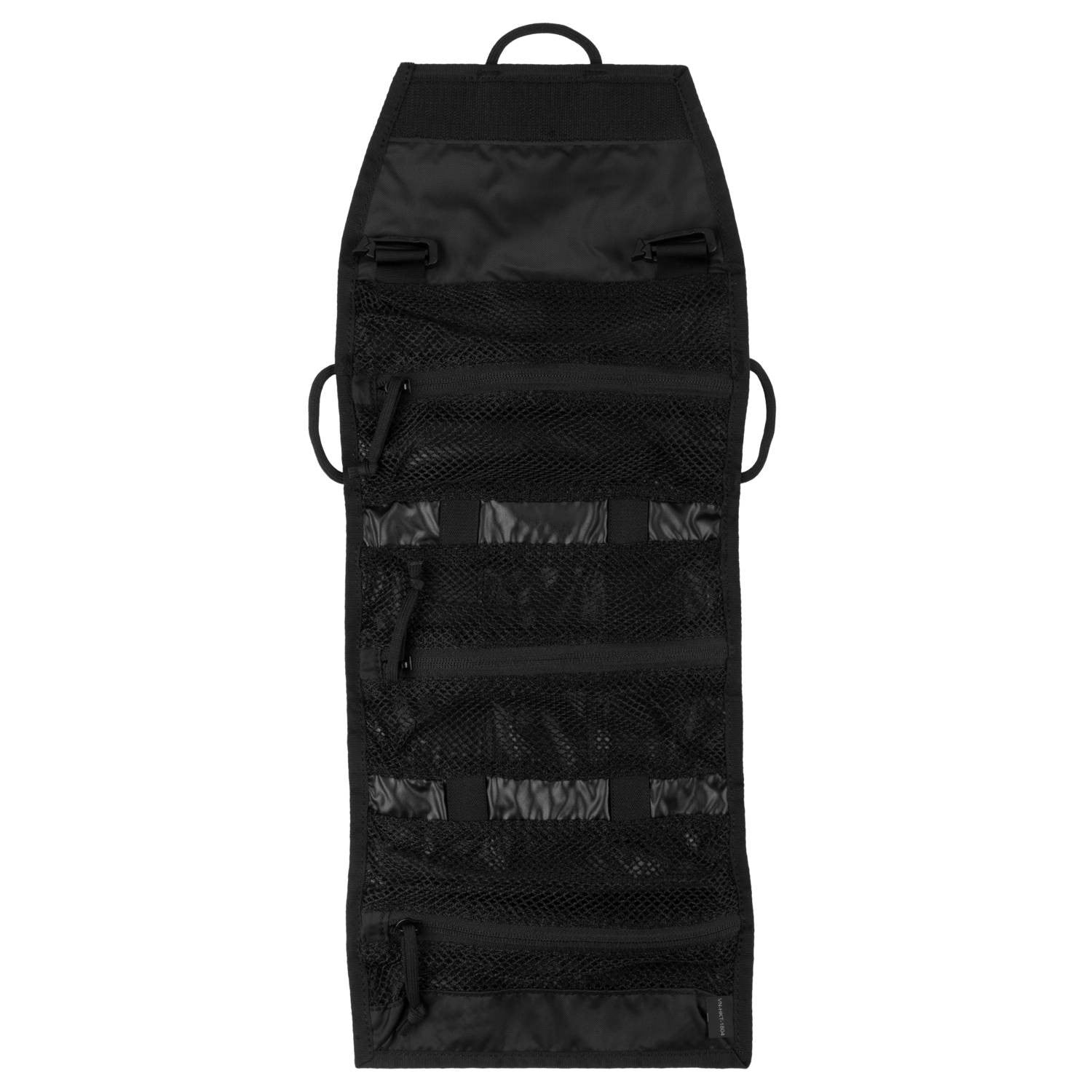 Organizador TRIP ROLL enrollable negro con tres bolsillos de malla y elásticos, 100% nylon