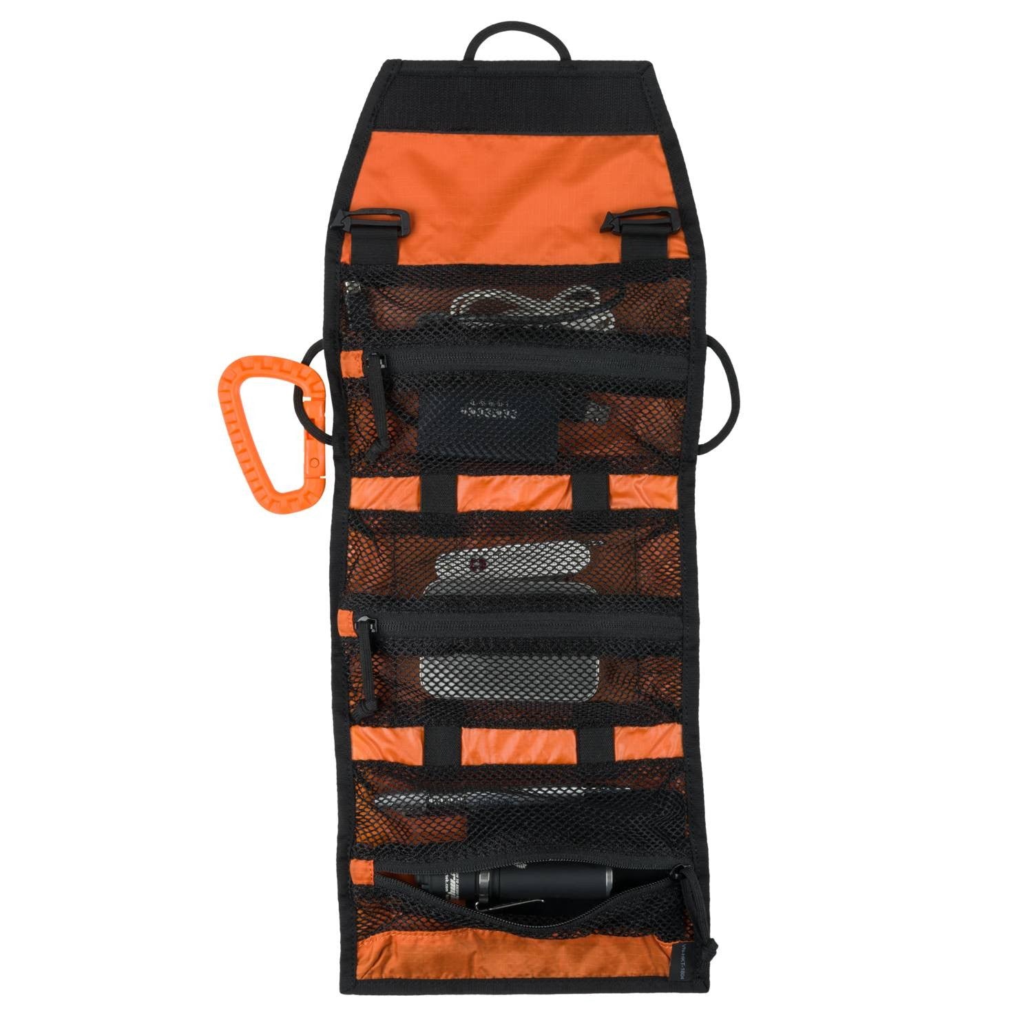 Organizador TRIP ROLL enrollable negro con tres bolsillos de malla y elásticos, 100% nylon