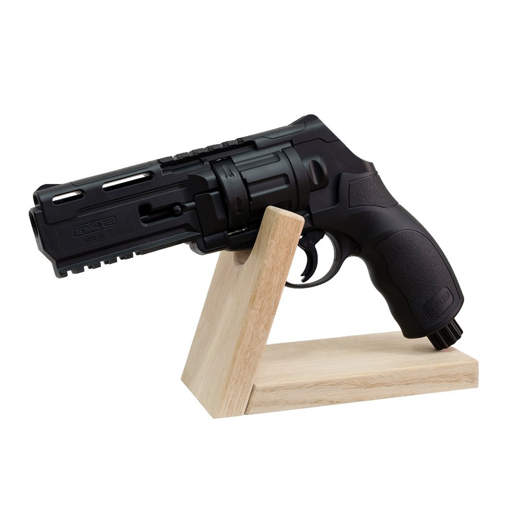 Soporte de madera artesanal para pistola o revólver en roble macizo, dimensiones 12x17,5x9 cm, apertura 3,6 cm