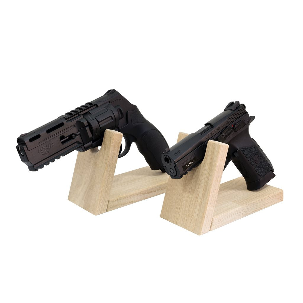Soporte de madera artesanal para pistola o revólver en roble macizo, dimensiones 12x17,5x9 cm, apertura 3,6 cm